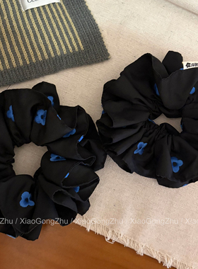 韩系蓝色刺绣花朵双层大肠发圈女高级感超大丸子头扎头发头绳头饰