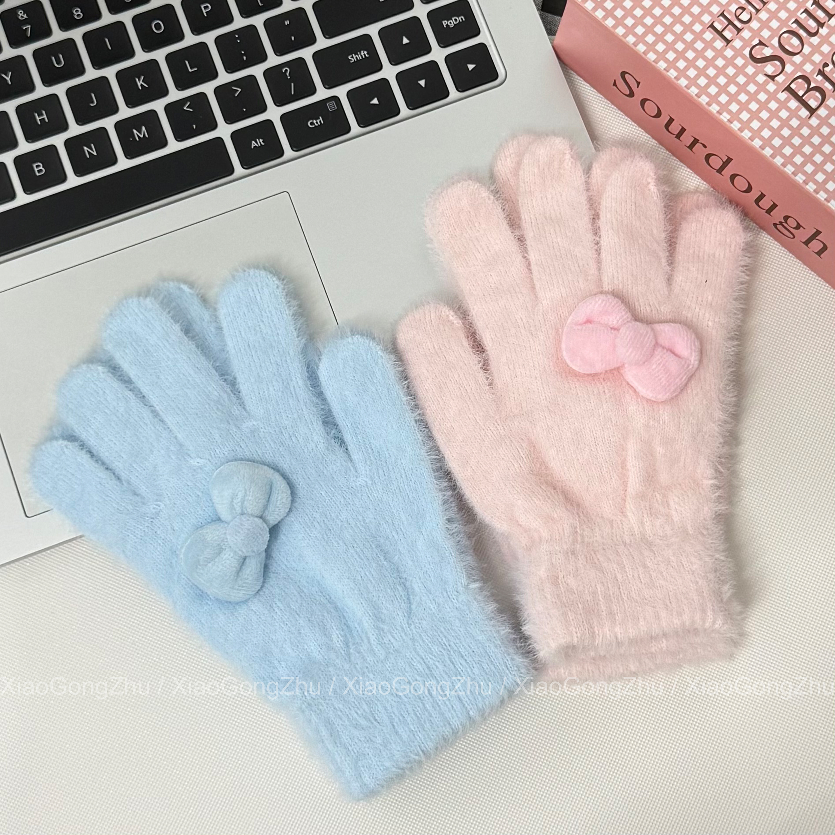 韩系可爱蓝色蝴蝶结针织毛绒手套
