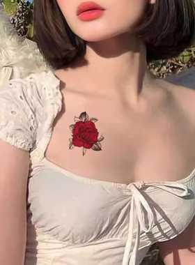 浪漫红色玫瑰花彩色纹身贴防水持久女手臂腰部可水洗遮盖疤痕贴纸