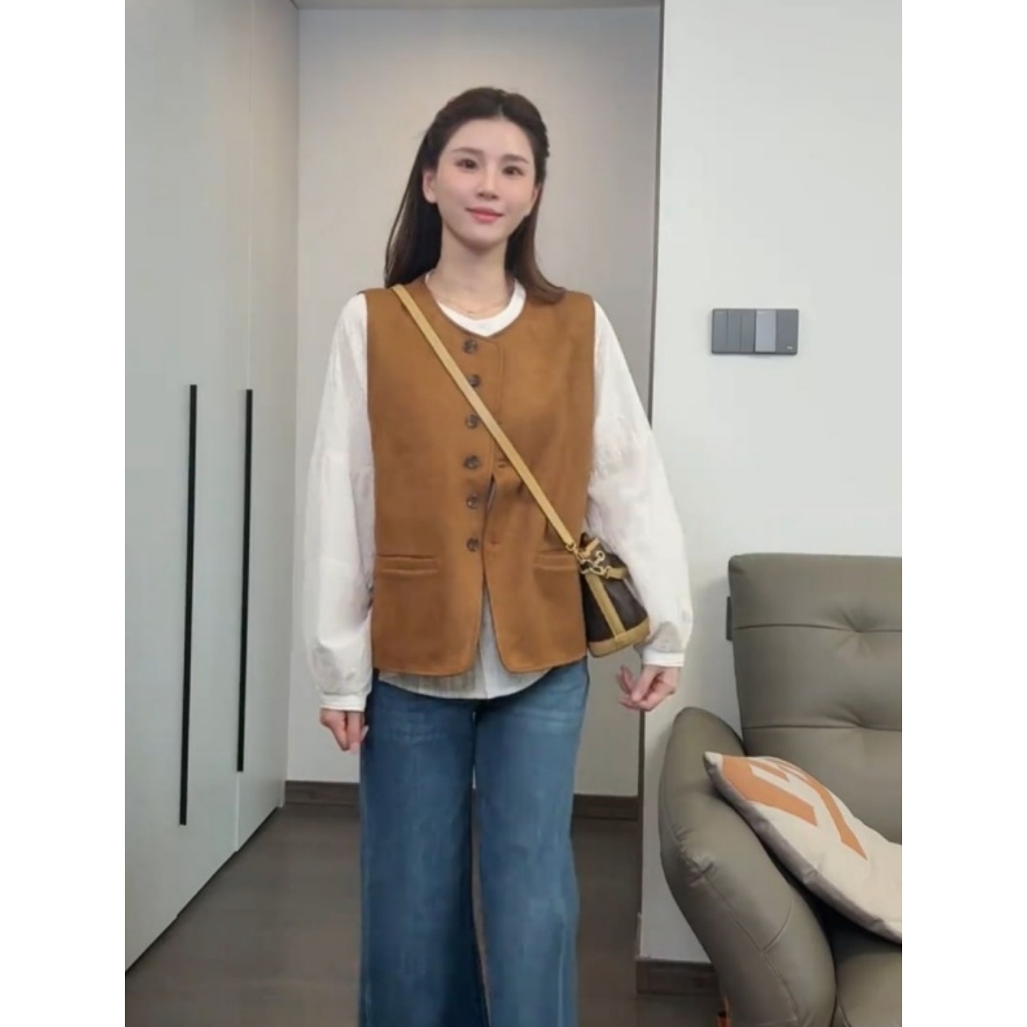 大码秋冬韩系复古叠穿麂皮马甲