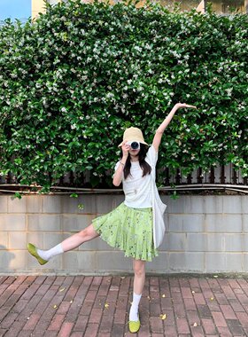 韩系绿色碎花短裙女A字雪纺伞裙