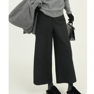 大码灰色毛呢阔腿直筒九分裤女秋冬加厚奶奶裤宽松显瘦呢子休闲裤