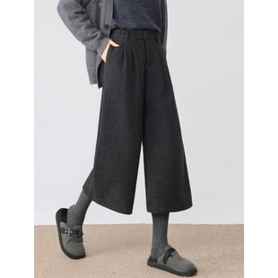 深灰色毛呢直筒七分裤女大码秋冬宽松休闲裤子高腰显瘦八分阔腿裤