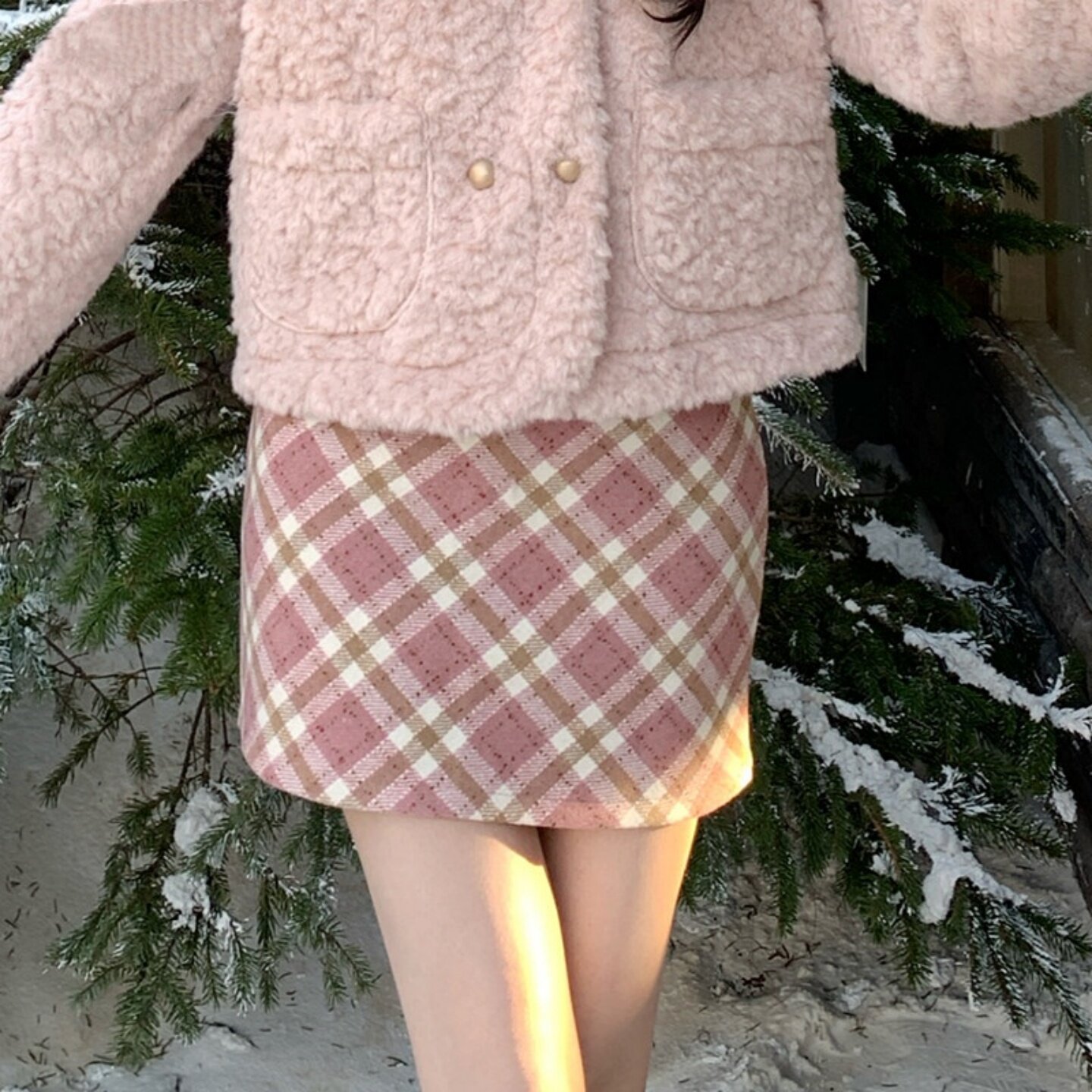 大码韩系粉色格子毛呢半身裙女秋季小个子高腰包臀裙显瘦a字短裙