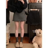 微胖mm甜美木耳边波点毛呢半身裙女秋冬高腰a字包臀裙小个子短裙