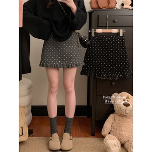 微胖mm甜美木耳边波点毛呢半身裙女春季高腰a字包臀裙小个子短裙