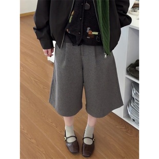 2026春秋新款老钱风呢子阔腿裤女大码韩系灰色显瘦毛呢七分直筒裤