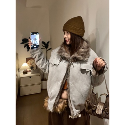 冬加绒加厚夹棉美式复古棉服翻领