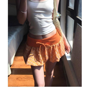 美式 多巴胺甜辣妹運動綁帶半身裙 復古橙色格紋花苞短裙女胖mm夏季