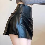 开叉皮裙半身裙女秋季 裙止步裙热辣短裙 一体假两件pu皮裤 裙裤 短款