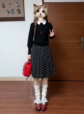 胖mm黑色韩系波点半身裙女短裙子