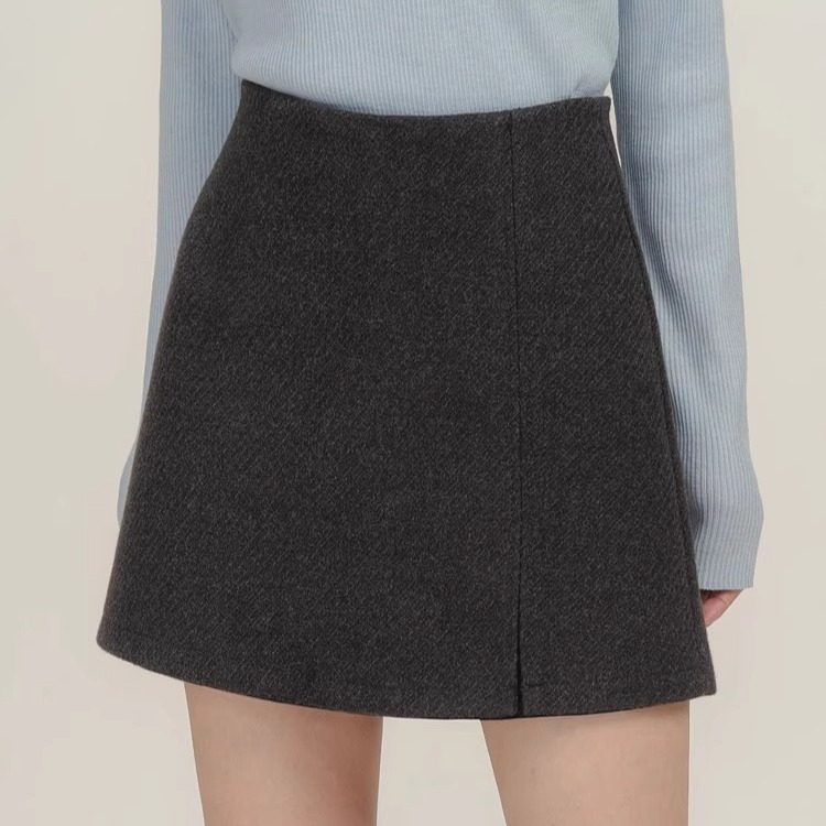 韩系高腰小众开叉呢子半身裙女微胖mm秋季加厚简约a字包臀短裙裤,女装/女士精品,半身裙,淘宝优惠券,粉丝福利购,淘宝优惠卷