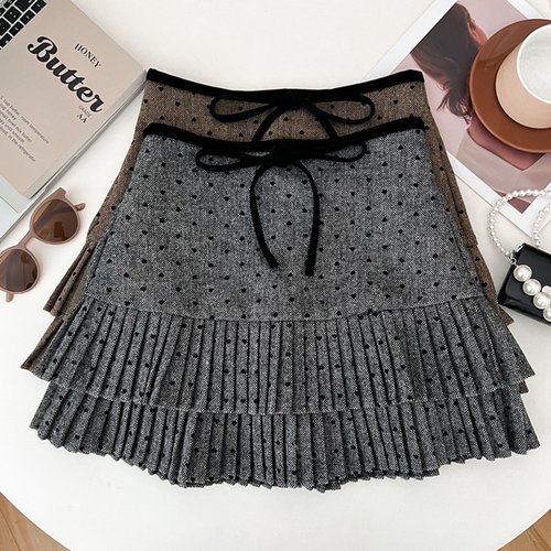 爱心蝴蝶结高腰显瘦荷叶边毛呢