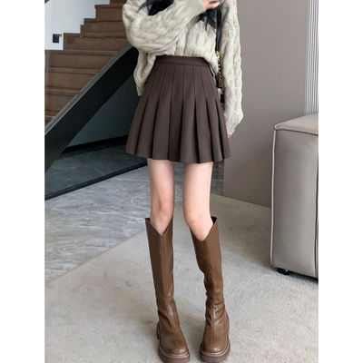 大码咖啡色毛呢百褶裙呢子短裙
