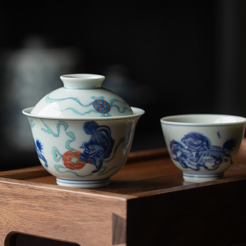 瑾月阁 彷古青花二才盖碗陶瓷单个覆古泡茶碗茶杯釉里红功夫茶具
