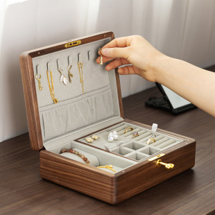 黑胡桃首饰盒戒指项链手表耳环钉珠宝收纳盒便携式双层大容量实木