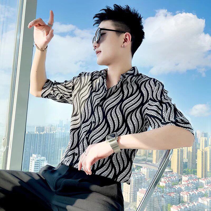 夏季冰丝中袖花衬衫男ins潮牌痞帅男装高级感短袖衬衣发型师寸衫