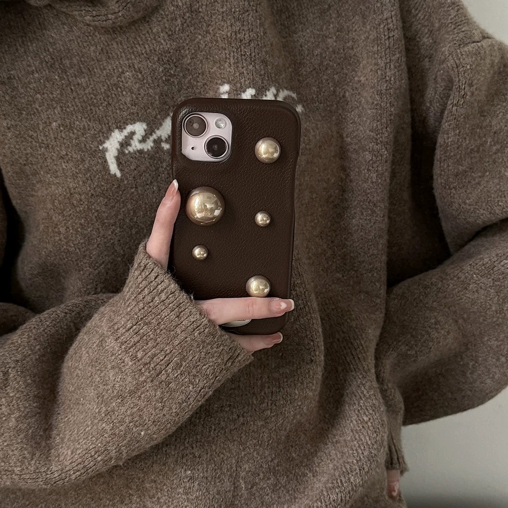 苹果皮质手机壳复古简约立体珍珠