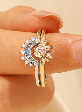 指环personalized retro women inlay diamond ring 太阳月亮戒指