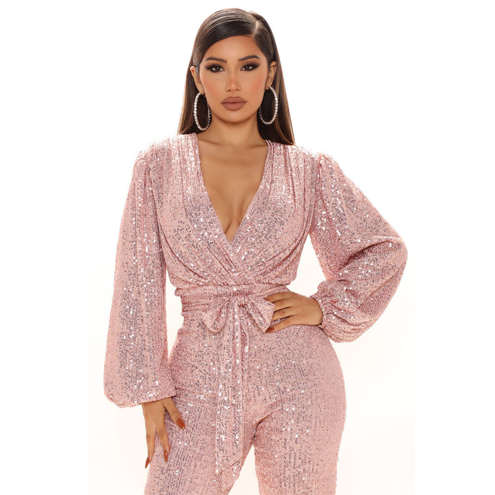 Sequin Jumpsuit women pants时尚性感v领亮片连体阔腿连体长裤女