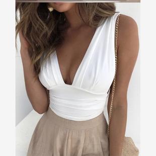 V-neck sleeveless vest褶皱深V性感背心女式上衣打底内搭抹胸夏