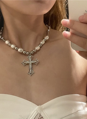 women alloy retro pearl cross pendant necklace珍珠十字架项炼