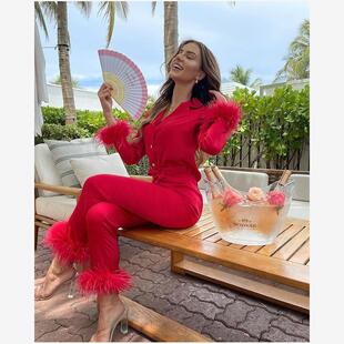 Casual Pajamas女士纯色套装翻领上衣羽毛长裤两件套睡衣套装