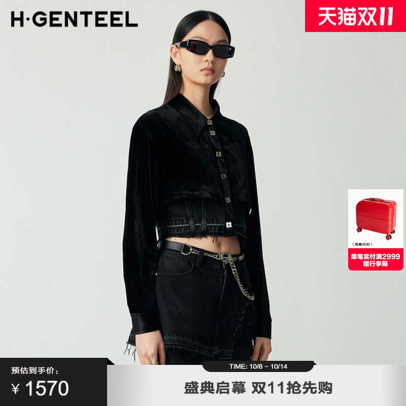 丝绒拼接 腰身分割设计 金属纽扣
