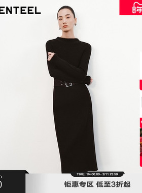 H·GENTEEL荷高新款冬装女拼接毛边腰带针织连衣裙GUE43750682