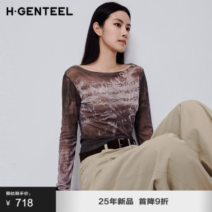 上衣 女复古文艺渐变字母印花长袖 H·GENTEEL荷高2025新款 秋装