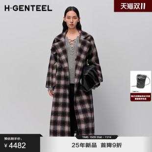 H·GENTEEL荷高2025冬新款 翻领复古格纹腰带毛呢外套 含绵羊毛长款