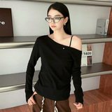2026秋季斜肩长袖T恤女慵懒百搭打底衫辣妹露肩显瘦宽松遮肉上衣，女装T恤，搜酷衣阁
