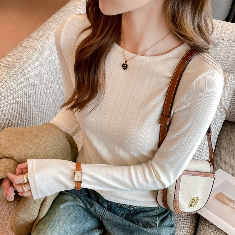 秋冬磨毛德绒竖条显瘦长袖打底衫女内搭圆领基础款t恤可外穿上衣，保暖内衣，搜酷衣阁