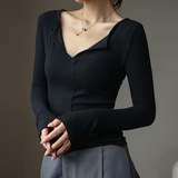 W设计感V领正肩上衣女秋冬季高级感小众修身显瘦内搭打底衫，保暖内衣，搜酷衣阁