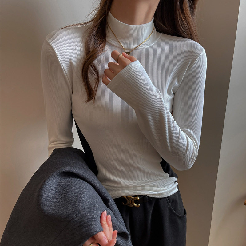 天丝莱赛尔中领拼接撞色显腰廋长袖打底衫女内搭正肩t恤秋冬上衣，保暖内衣，搜酷衣阁
