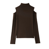 莱赛尔半高领设计感露肩镂空长袖打底衫女士内搭t恤中领上衣，女装T恤，搜酷衣阁