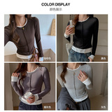 W美式假两件长袖t恤女新款修身显瘦撞色设计感小众内搭圆领上衣，保暖内衣，搜酷衣阁