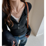 W新款v领蕾丝内搭打底衫女季纯欲风拼接设计感可外穿显瘦上衣，女装T恤，搜酷衣阁