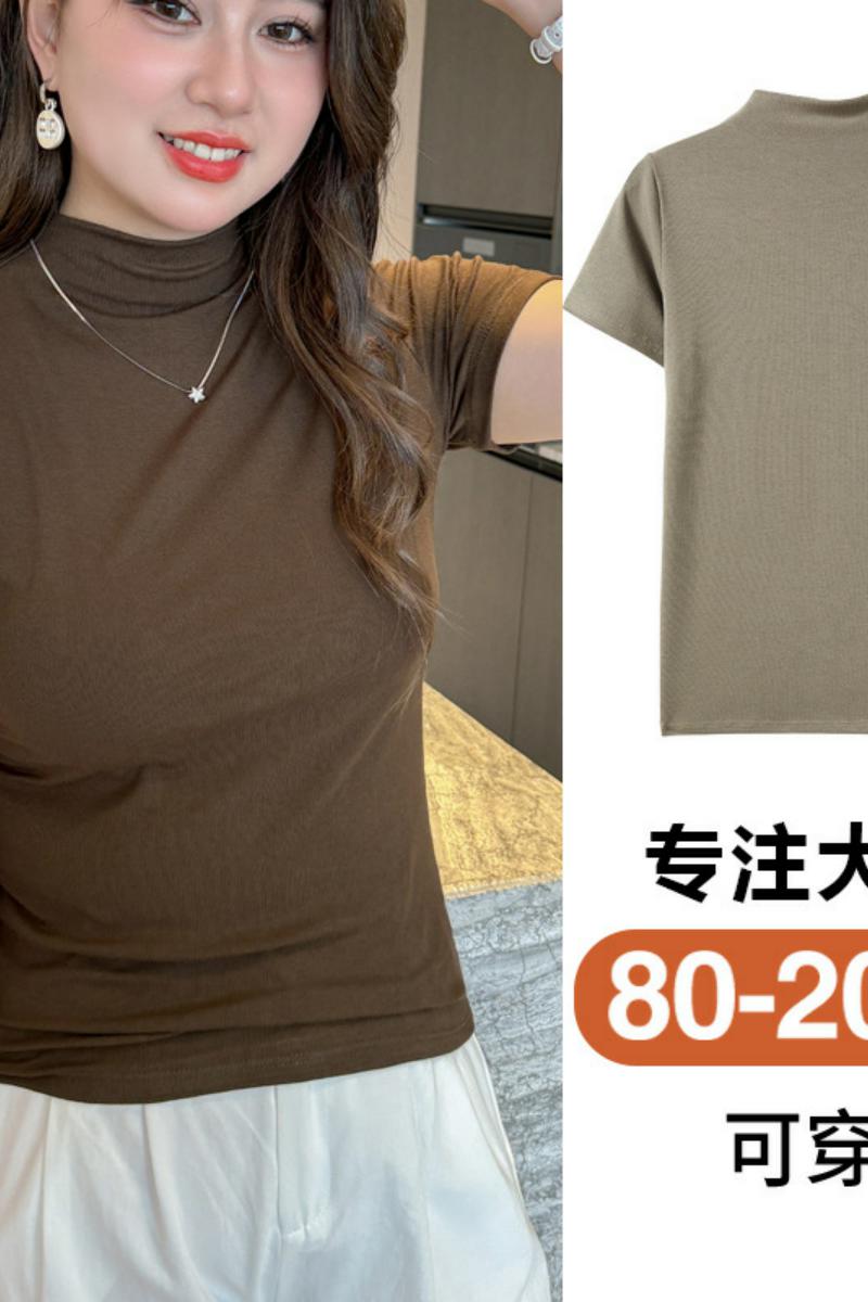 夏季半高领大码短袖T恤女内搭修身上衣设计感小众时尚穿搭，女装T恤，搜酷衣阁