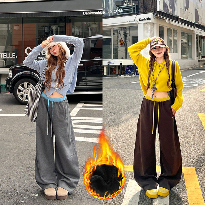 美式撞色拼接加绒弯刀裤女秋冬季2025新款高腰宽松显瘦休闲阔腿裤，女装休闲裤，搜酷衣阁