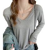 W秋冬季V领宽松长袖t恤女式韩版慵懒感内搭打底衫正肩上衣，保暖内衣，搜酷衣阁
