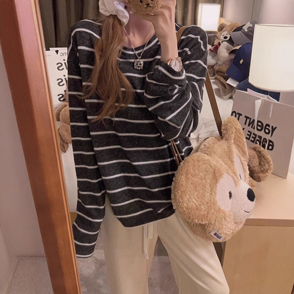 韩系慵懒灰条纹磨毛长袖T恤女秋冬圆领宽松显瘦软糯打底衫上衣，保暖内衣，搜酷衣阁