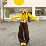 美式撞色拼接加绒弯刀裤女秋冬季2025新款高腰宽松显瘦休闲阔腿裤，女装休闲裤，搜酷衣阁