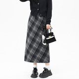 灰色毛呢格子半身裙女冬季加绒中长裙高腰a字显瘦直筒韩系包臀裙，女装半身裙，搜酷衣阁