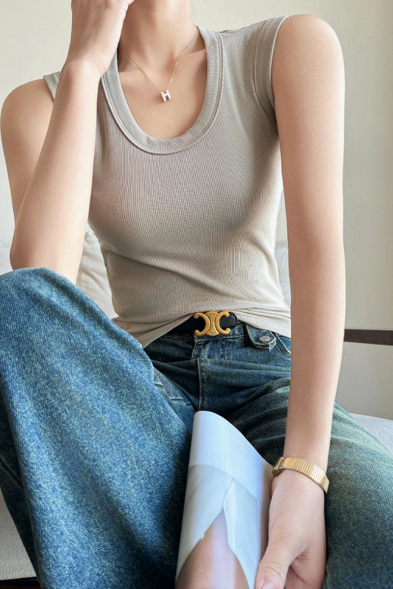 针织螺纹圆领西装内搭打底衫无袖上衣正肩春秋夏季t恤大码可外穿，女装T恤，搜酷衣阁