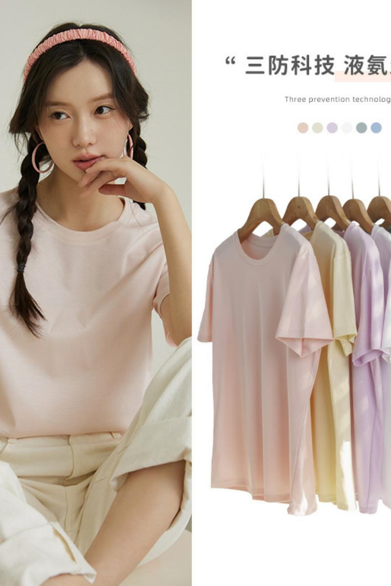 春夏新款糖果色韩版修身显瘦T恤薄款圆领丝光棉短袖白色宽松上衣，女装T恤，搜酷衣阁