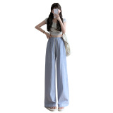 慵懒时尚条纹阔腿裤女夏季新款高腰抽绳垂感休闲百搭遛弯直筒裤子，商品下架区，搜酷衣阁