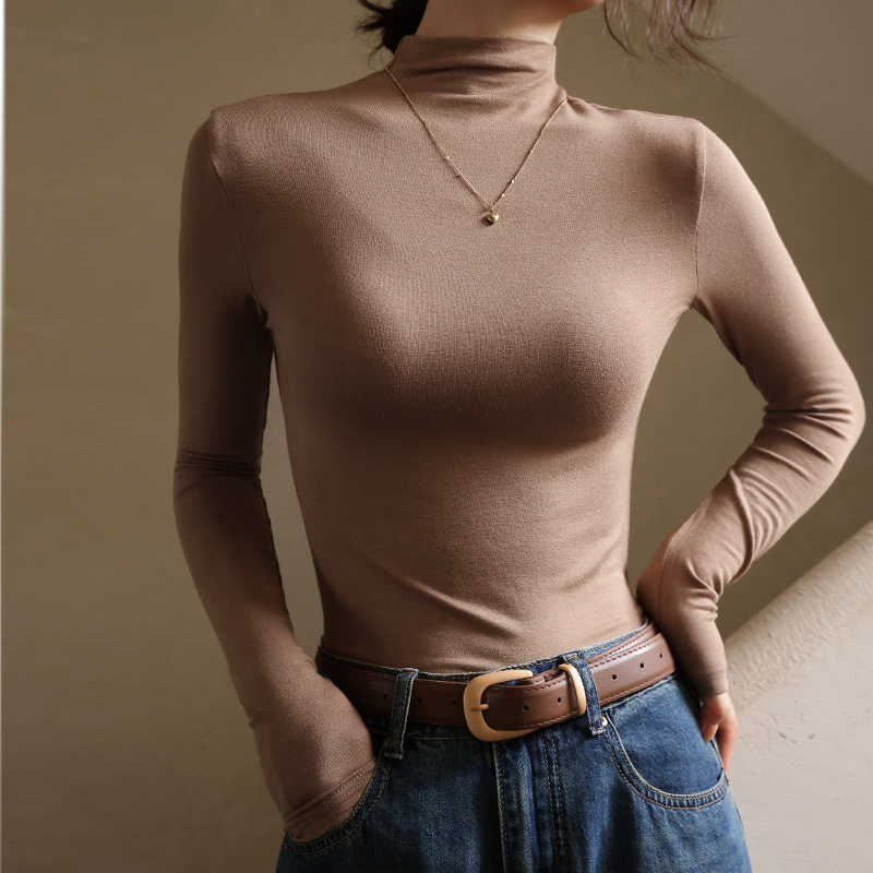 秋冬季半高领长袖打底衫女内搭简约百搭可外穿正肩t恤上衣，保暖内衣，搜酷衣阁