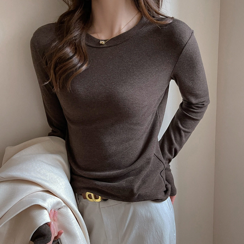 莱赛尔季小圆领长袖t恤女内搭打底衫韩系百搭高级感上衣，女装T恤，搜酷衣阁