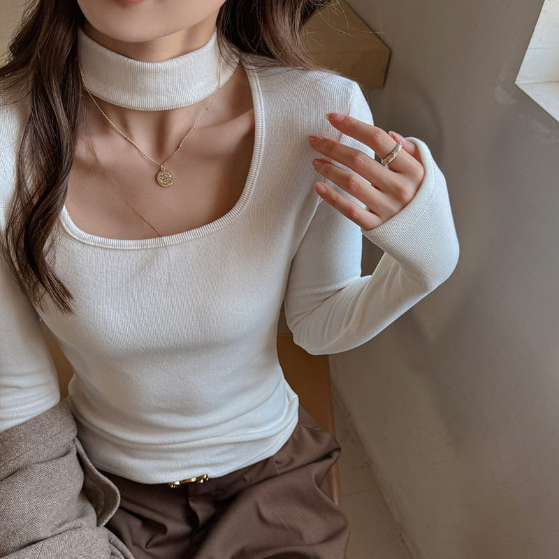 W设计感仿羊绒打底衫女秋冬季内搭显瘦白色磨毛保暖加厚长袖上衣，保暖内衣，搜酷衣阁